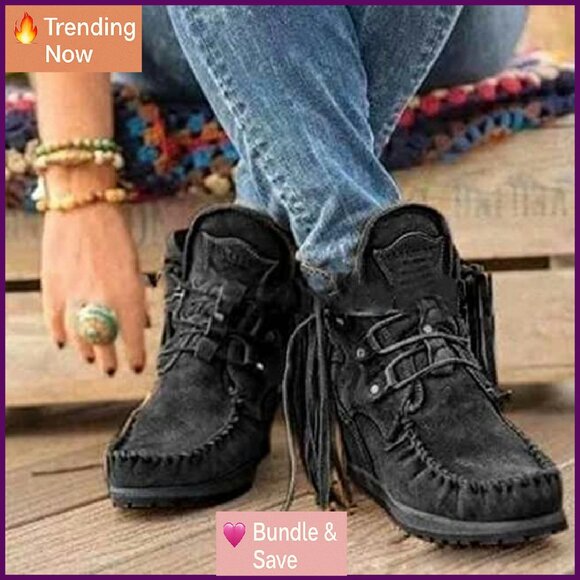 Vintage Fringed Ankle Boots, Lightweight Suede, Round Toe, 3cm Heel - Picture 3 of 8